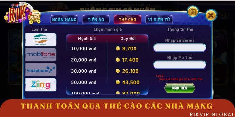 Nạp tiền qua phương thức thẻ cào nhà mạng